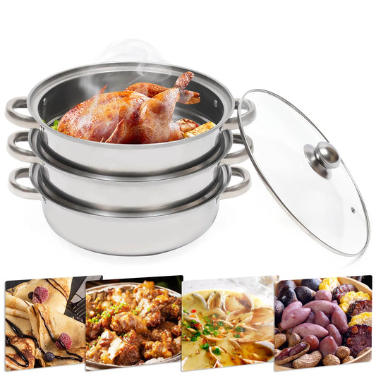 Vaporera de acero inoxidable de 3 niveles, olla para cocinar al vapor superpuesta de 28cm, utensilios de cocina, juego de cocina para sopa a vapor, plateado con tapa de vidrio