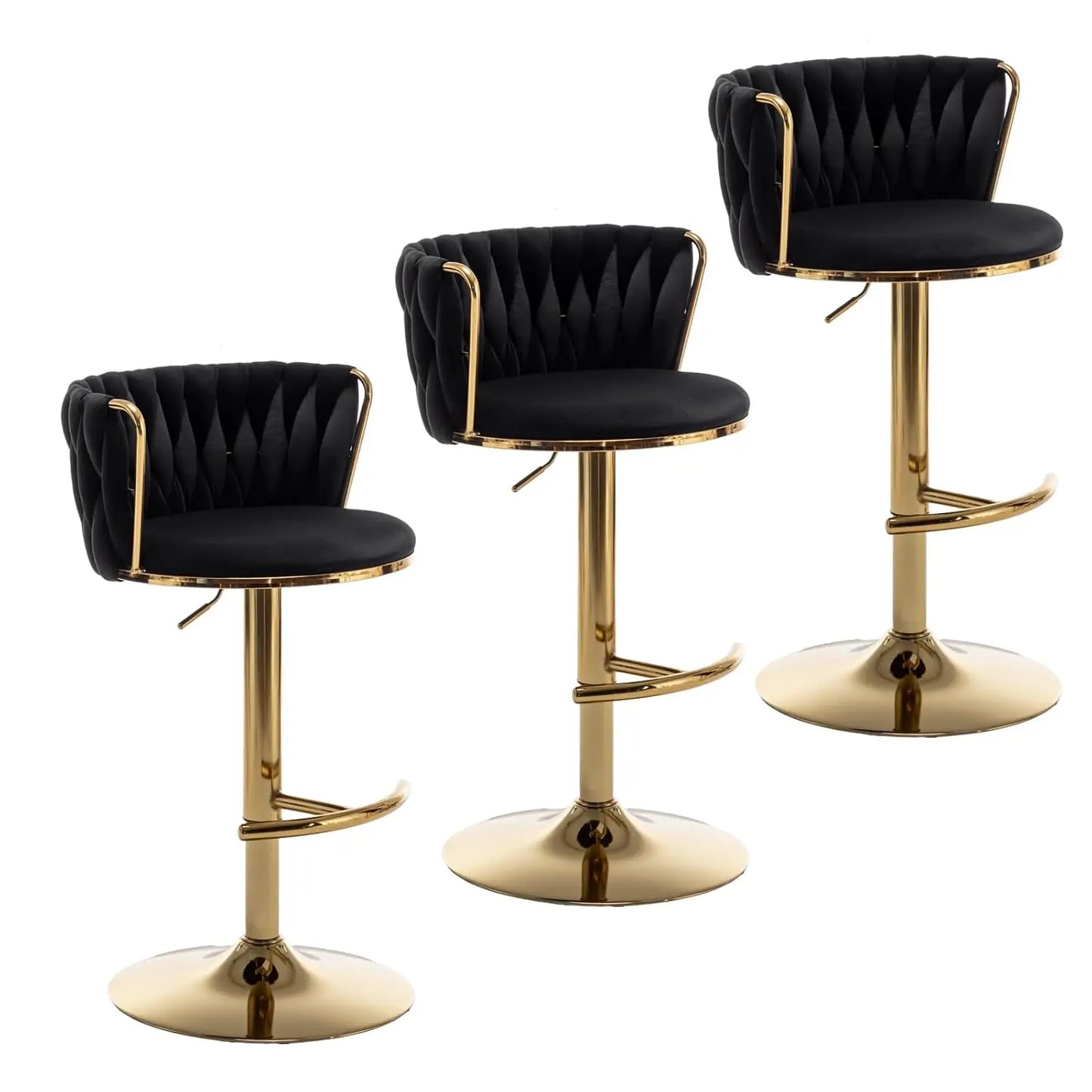 Juego de 3 Taburetes de Bar de Terciopelo Dorado, Taburetes Giratorios con Respaldo para Barra de Cocina, Ajustables y Tejidos, Personalizables