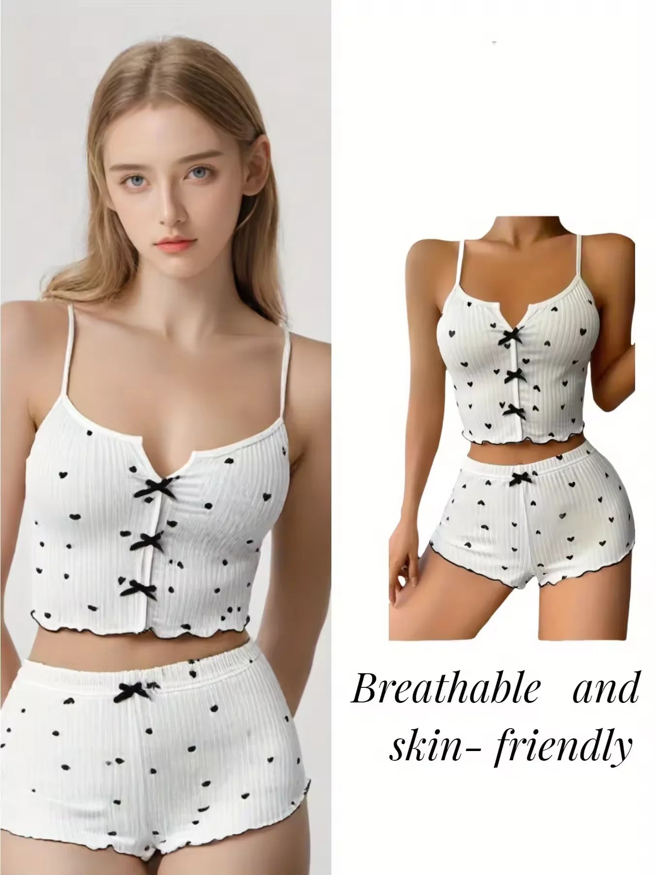 Ropa de dormir Sexy para mujer, conjunto de pijamas con estampado de corazón de seda, cuello en V, sin mangas, camisola informal, conjuntos de Top y pantalones cortos, traje para casa, ropa de descanso