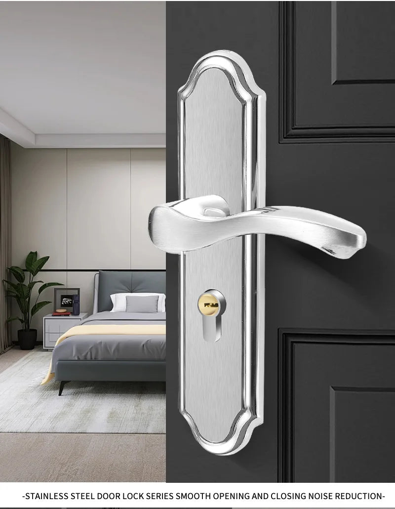 Juego de cerradura de puerta de acero inoxidable 304, manija de palanca de puerta Interior silenciosa para dormitorio, baño, manija de prensa, cerradura para puerta de madera maciza