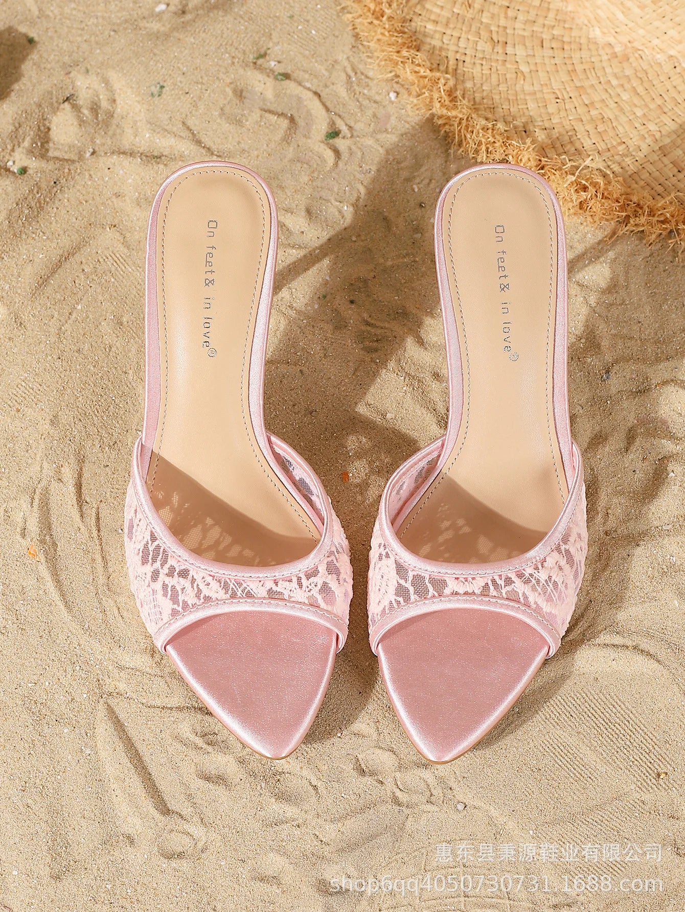 Zapatillas de mujer de tacón alto fino con bordado de malla elegante, sandalias deslizantes sexis con punta abierta y punta estrecha, zapatos cómodos de verano para mujer