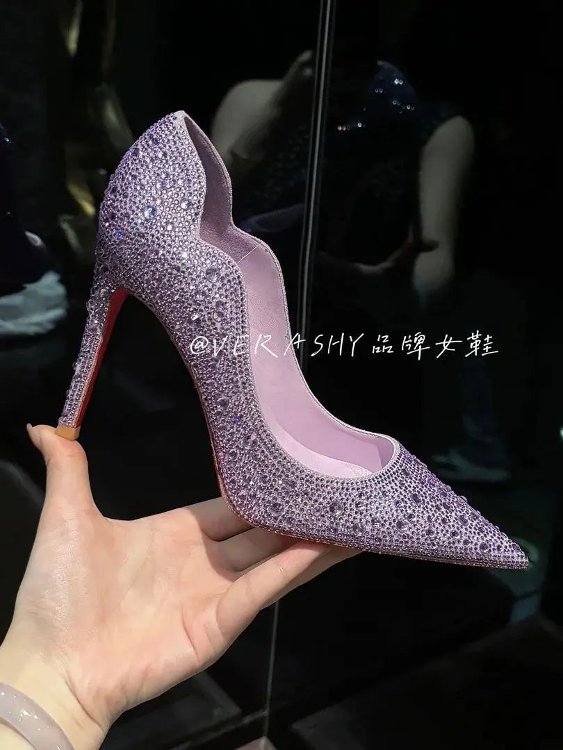 Tacones altos para mujer, primavera 20220, oro nuevo, Sexy, puntiagudos, franceses, finos con zapatos individuales, zapatos de boda de cristal para mujer, zapato de suela roja para mujer