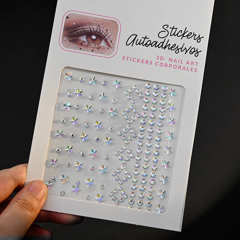 1 unidad 3D Y3K plata Aurora Luna estrella cara gemas joyas pegatinas de diamantes de imitación autoadhesivo cristal maquillaje diamantes tatuajes decoración