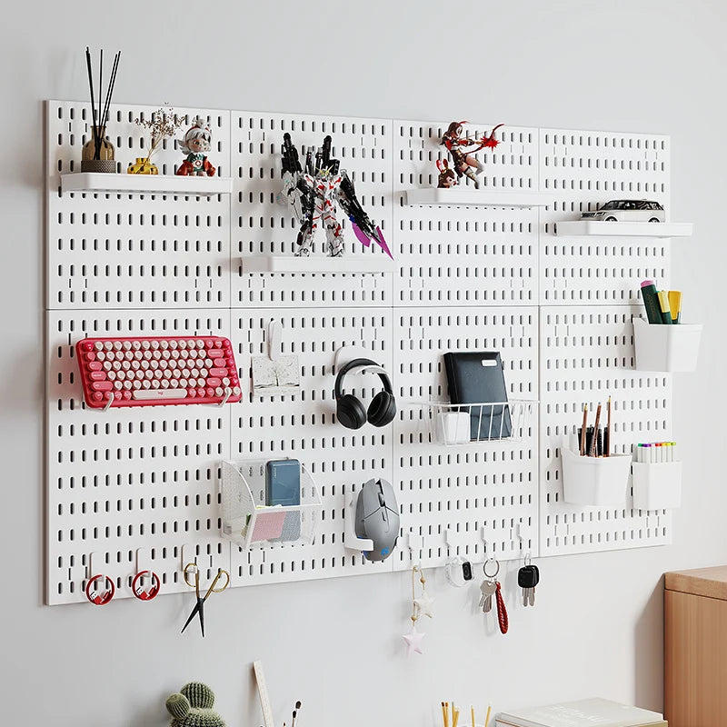 Kit organizador de pared combinado con tablero perforado DIY: paneles colgantes modulares, instalación sin perforaciones, ideal para exhibición de pared de habitaciones artesanales