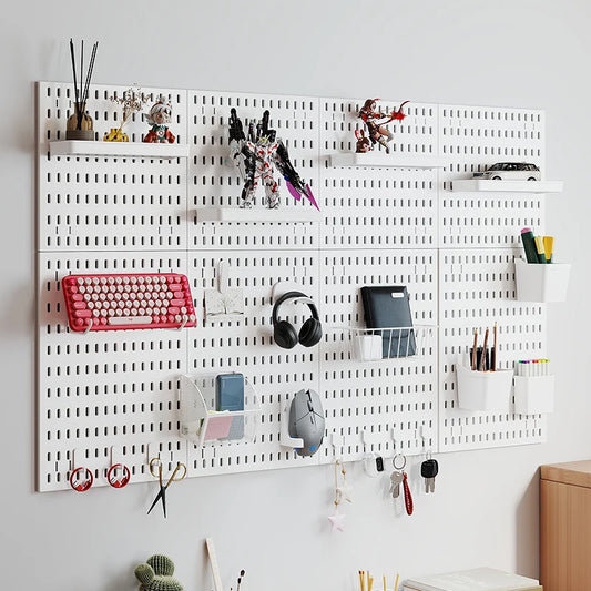 Kit organizador de pared combinado con tablero perforado DIY: paneles colgantes modulares, instalación sin perforaciones, ideal para exhibición de pared de habitaciones artesanales