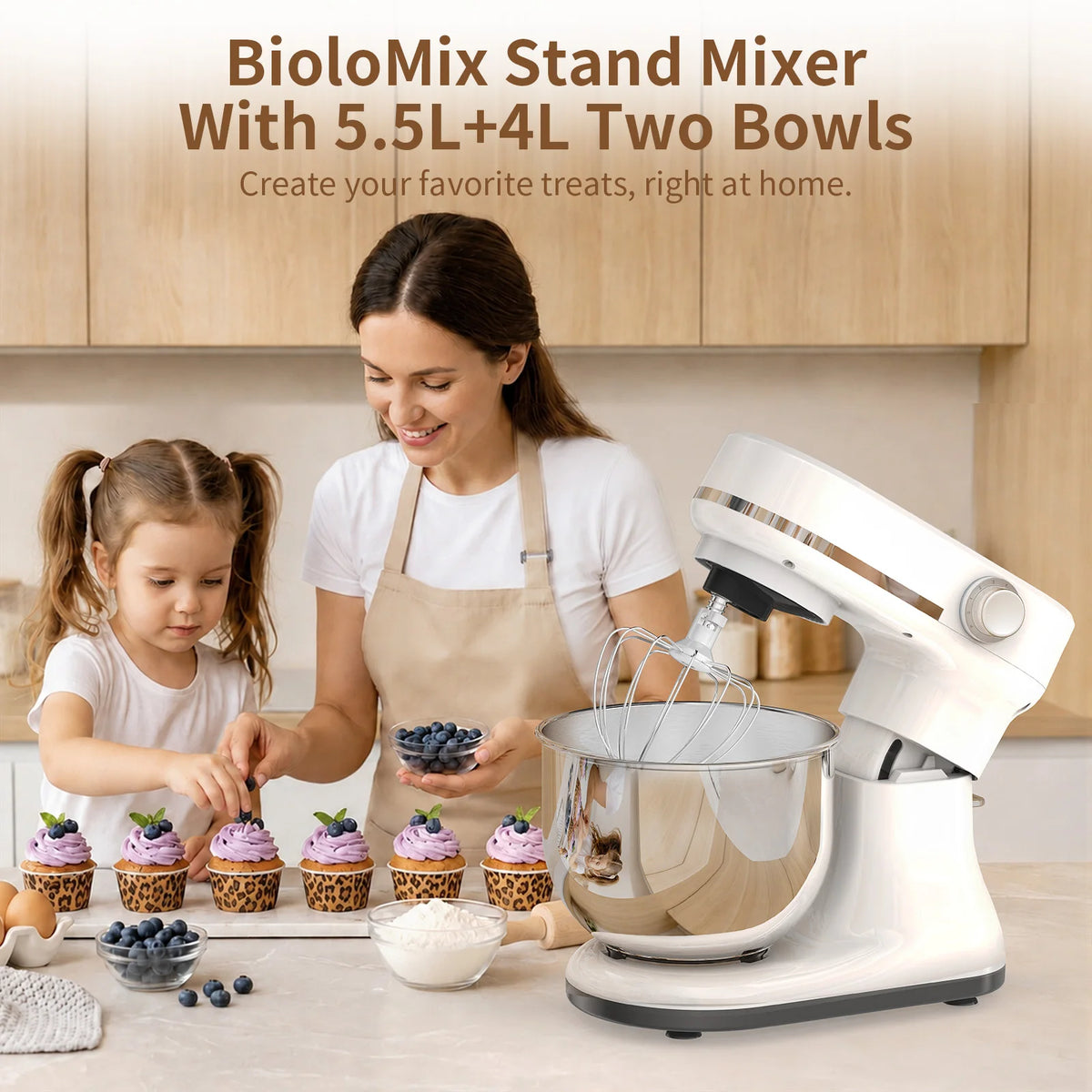 Batidora de Pedestal BioloMix de Doble Tazón y 8 Velocidades – Tazones Intercambiables de 5.5L y 4L, Batidor de Varillas, Gancho Amasador y Batidor Plano