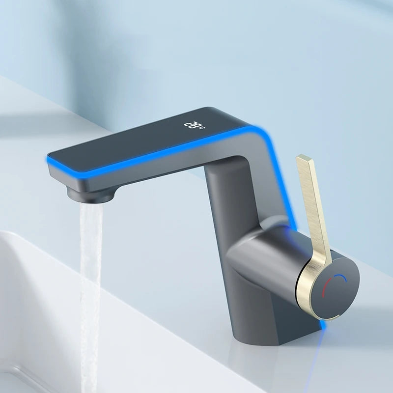 Grifo de lavabo de alta gama con pantalla de temperatura, luz LED, 2 modos de pulverización, mezclador de agua fría y caliente, grifo de lavabo de un solo orificio para baño