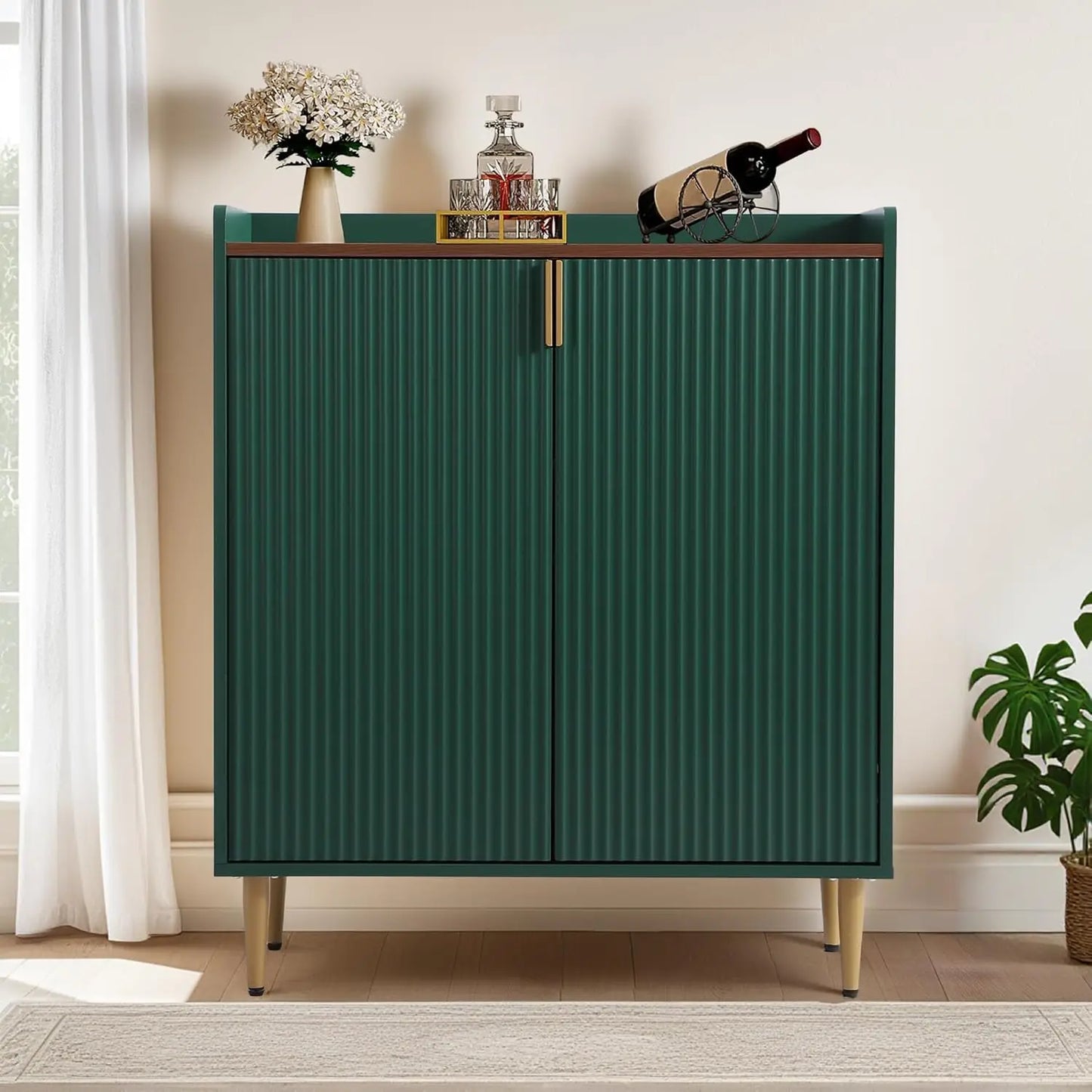 Mueble Bar para Café Verde, Mueble Buffet de 37 Pulgadas con Textura Acanalada, Mueble para Licores con Botelleros para el Hogar, Personalizable