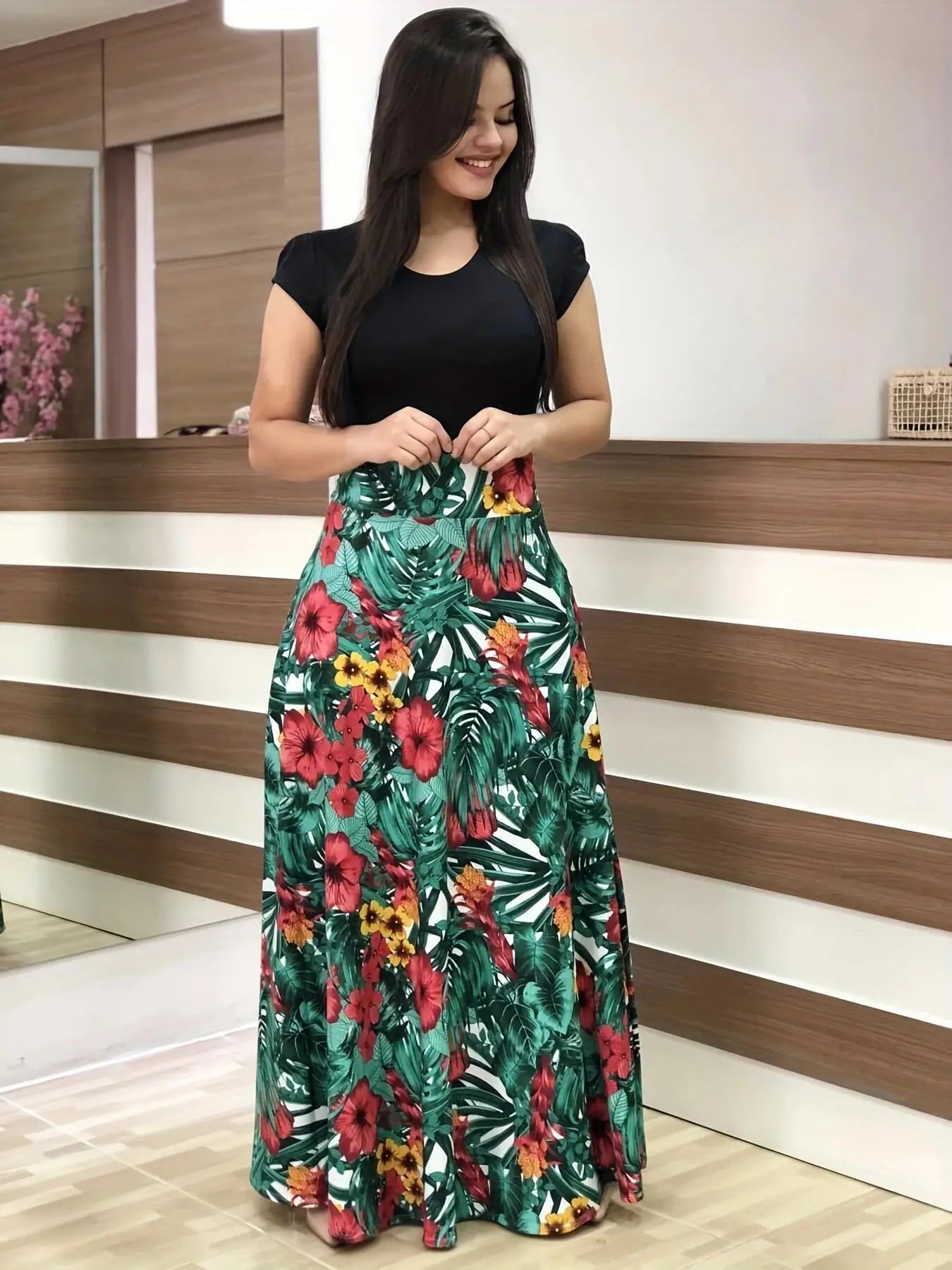 Vestido de manga corta a juego con estampado de flores de estilo europeo y americano para mujer, falda con vuelo grande, 2024