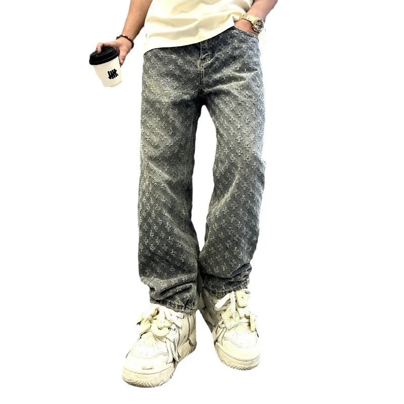 Ropa de calle americana Ins, pantalones estampados bordados Retro, diseño Jacquard de marca a la moda, pantalones vaqueros de Hip Hop de piernas anchas Y2K para hombre