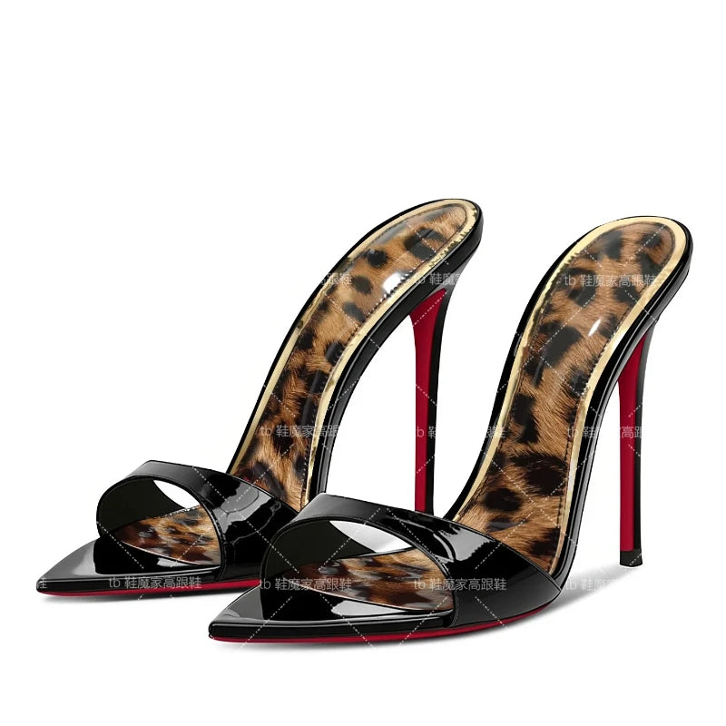 Yuejinlong 2026 New Leopard Print Pointed Toe Stiletto Mules Sexy High Heels Open Toe Elegant Slide Sandals Ladies Shoes