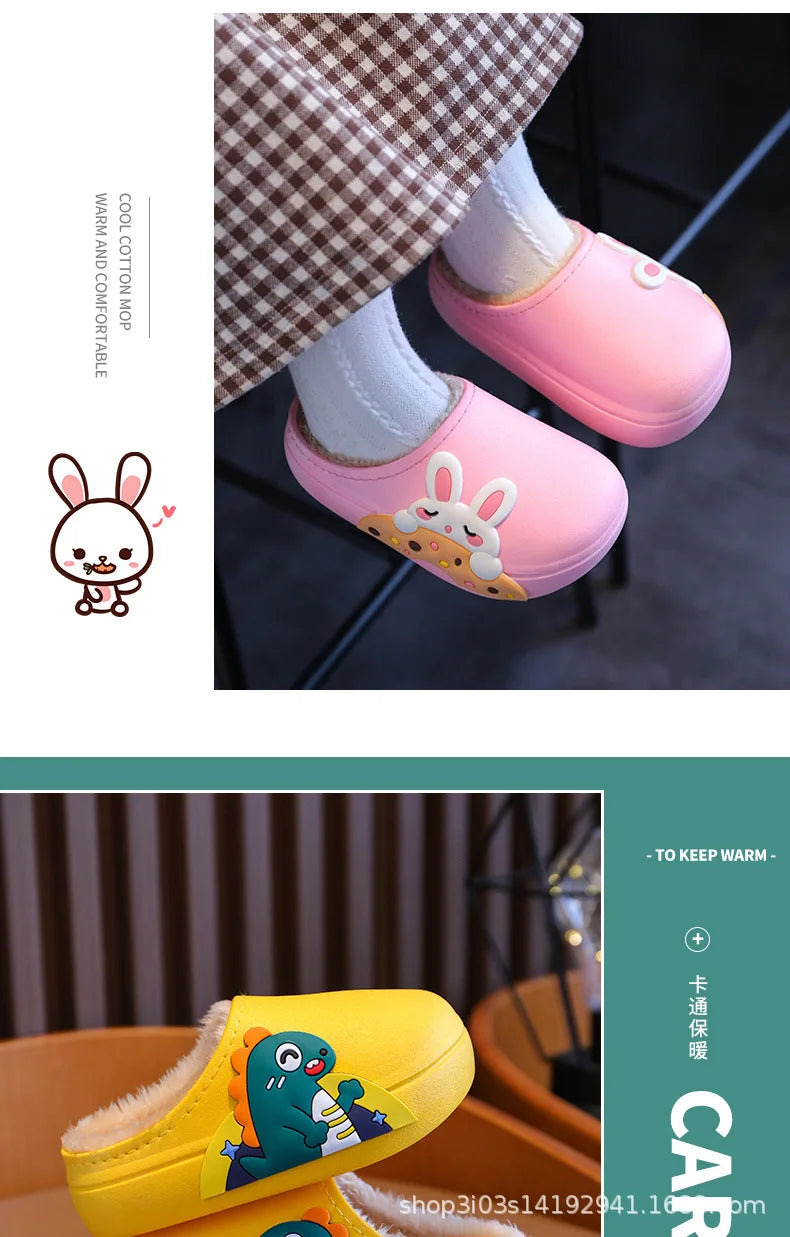 Nuevas zapatillas de algodón con dibujos animados para niños, zapatos informales cálidos e impermeables para niños y niñas, zapatos de casa de felpa antideslizantes para niños, zapatos informales