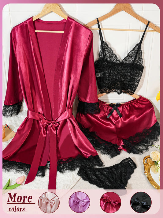Conjunto de pijama de satén para mujer, bata de lencería de encaje, ropa de dormir Sexy de seda, camisón de satén suave, camisón, 4 Uds.