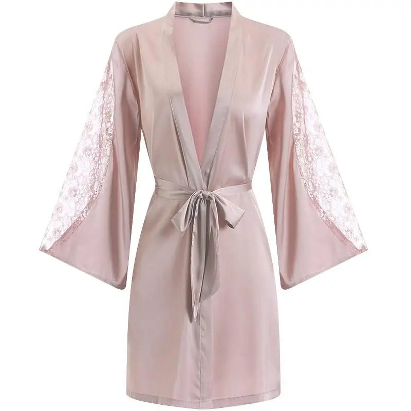 Sexy Intimate Lingerie Perspective Nightwear Lace Patchwork Home Wear Robe Suit Lady Kimono Gown Sleepwear Satin Nighty Bathrobe