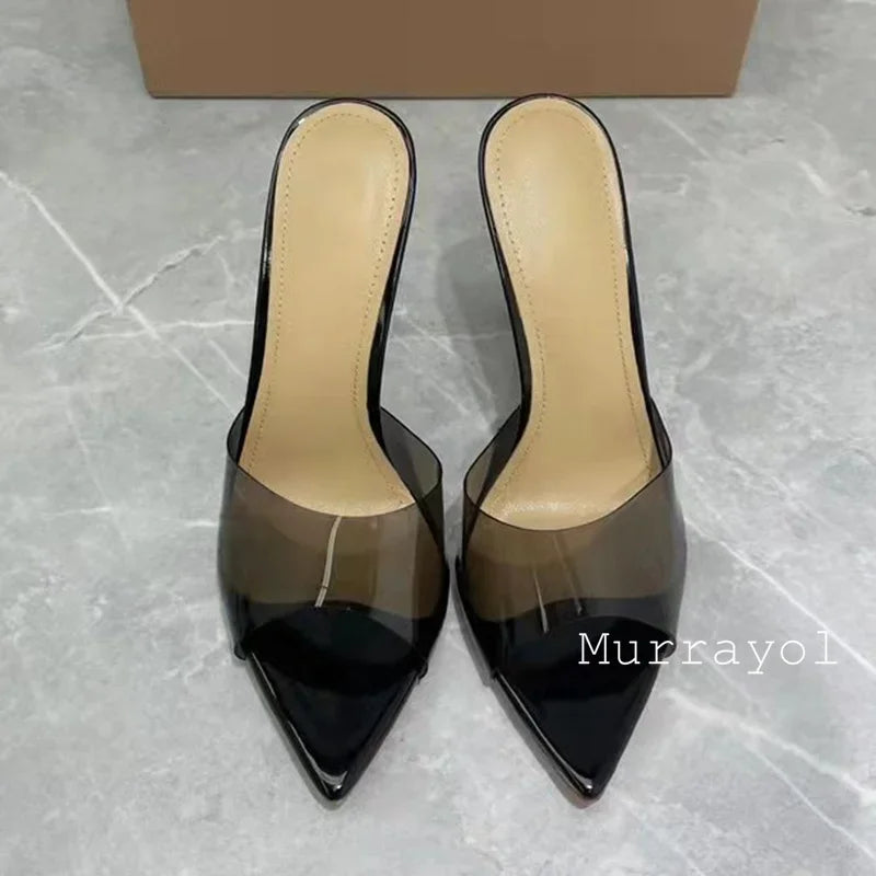 Zapatillas de tacón alto fino transparente de PVC con punta abierta, sandalias de Color sólido con punta estrecha para mujer, zapatos de vestir de fiesta de verano para mujer, zapatos de tacón