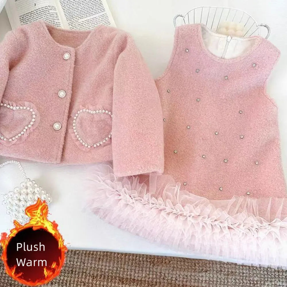 Ropa coreana para niñas, traje de lana, invierno 2025, nuevo estilo occidental, abrigo de alta gama para niños, chaleco, conjunto de dos piezas