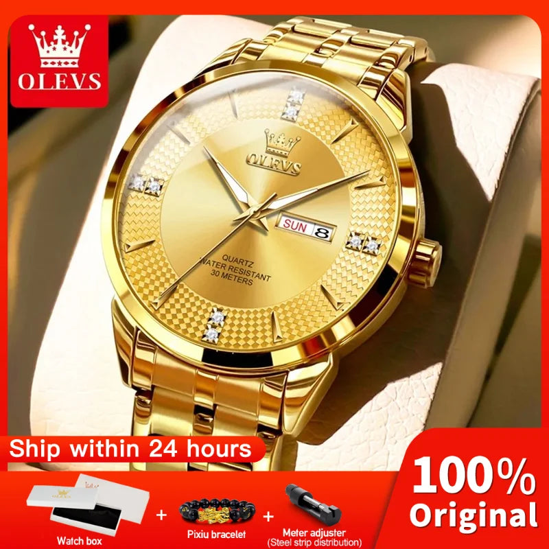 OLEVS 9917 New Mens Watch Original Quartz Watch Diamond Scale Waterproof Luminous Dual Calendar Display Mens Gifts Freebie Reloj