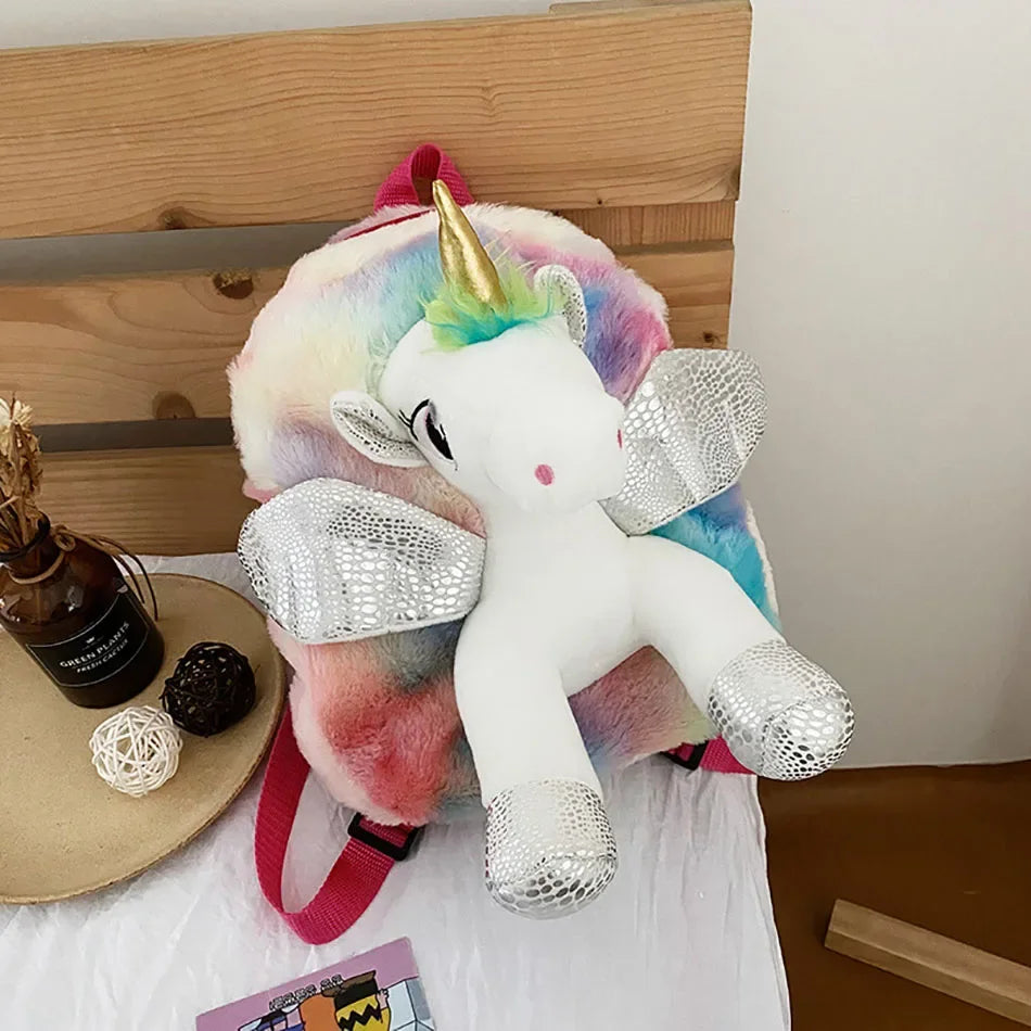 Mochila de Unicornio para Niñas, Mochila Infantil de Peluche, Regalos de Unicornio de Peluche para Bebés, Mochila de Peluche con Compartimentos para Pañales, Snacks y Libros