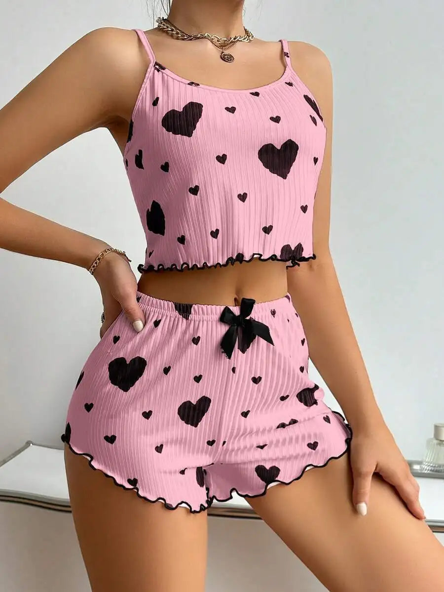 Conjunto de Pijama de Verano para Mujer, Transpirable, Suave, Informal, con Estampado de Amor, Pantalones Cortos con Tirantes, Lencería Sexy