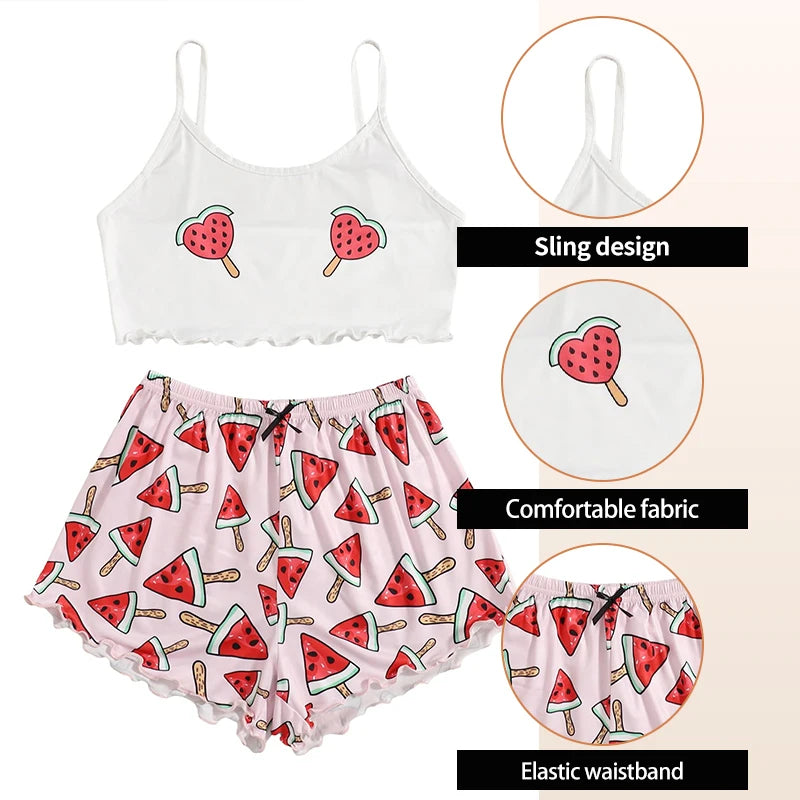 Conjunto de ropa de dormir de casa para mujer, ropa de dormir cómoda de dos piezas con tirantes de sandía, estampado rosa de seda de leche, novedad de verano