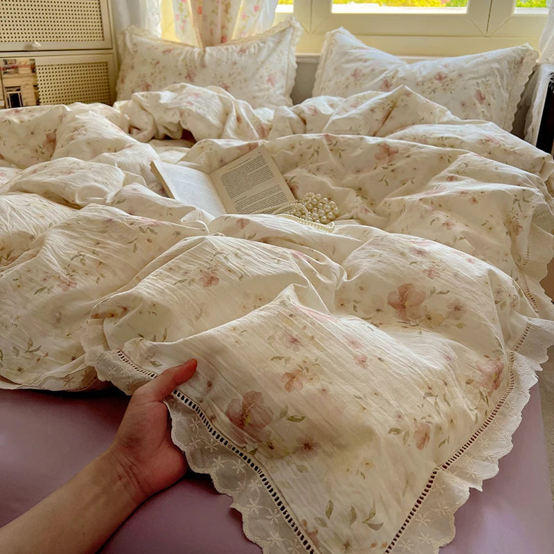 Juegos de funda nórdica de algodón lavado, juego de cama con estampado de flores individual/Queen/king, estilo princesa, funda de couette de 220x240 con encaje