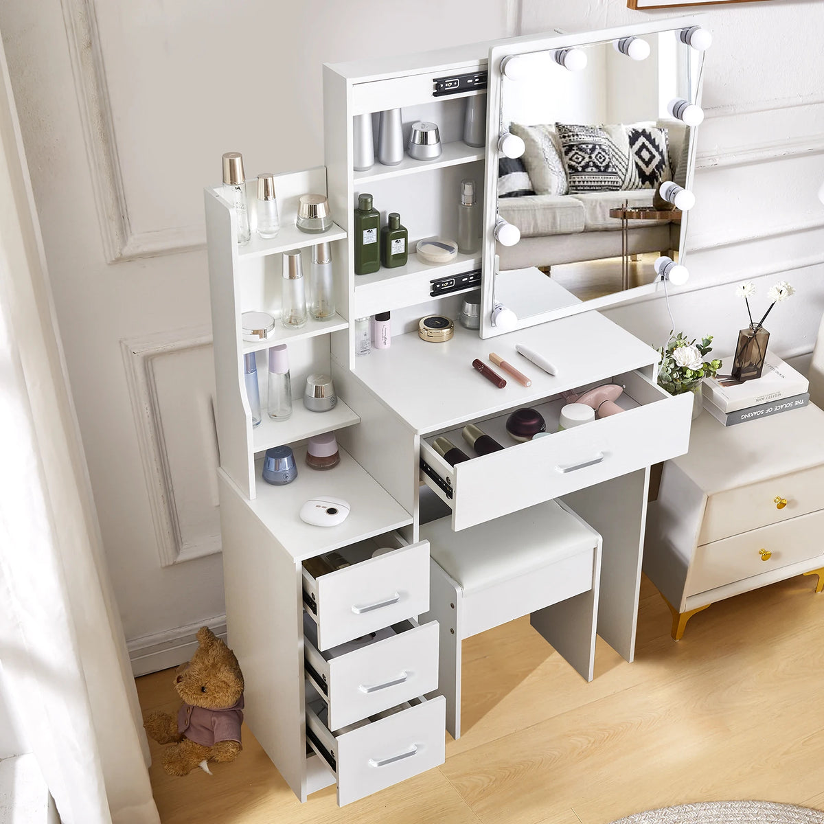 Mesa de tocador LED con espejo deslizante, escritorio de maquillaje blanco, taburete de 4 cajones, tocador para mujer, muebles glam