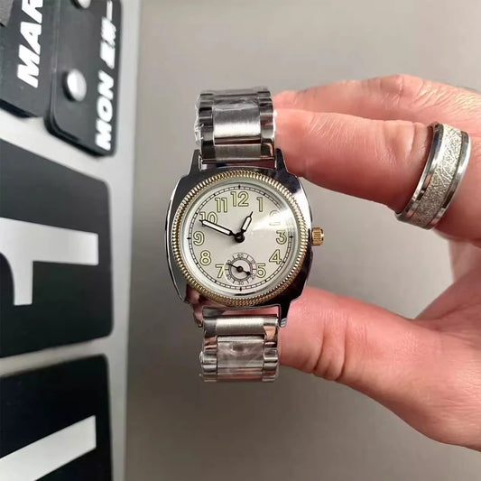 Reloj Sencillo con Correa de Acero Inoxidable, Hecho a Mano, Estilo Vintage Desgastado, Resistente al Agua, de Cuarzo, Cuadrado, para Hombre y Mujer