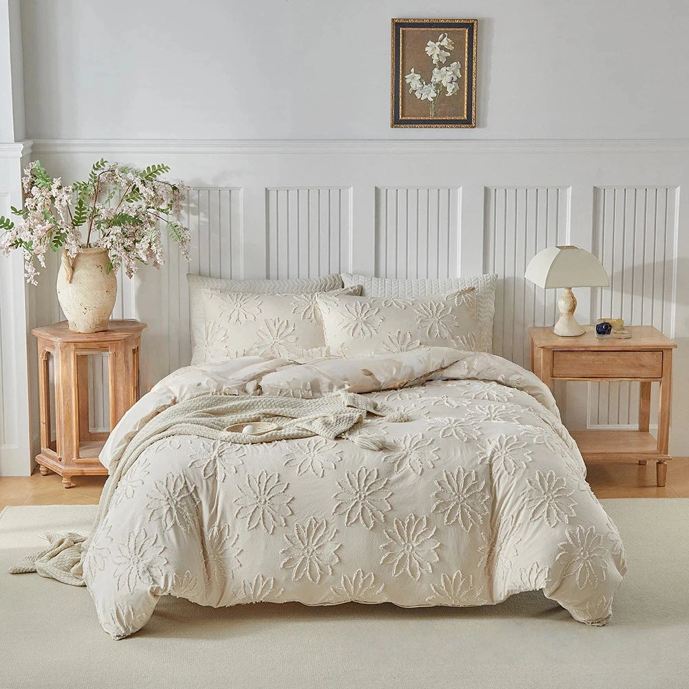 Juego de funda nórdica Beige de lujo con funda de almohada tamaño completo/Queen juego de cama de microfibra bohemio para todas las estaciones funda de edredón elegante