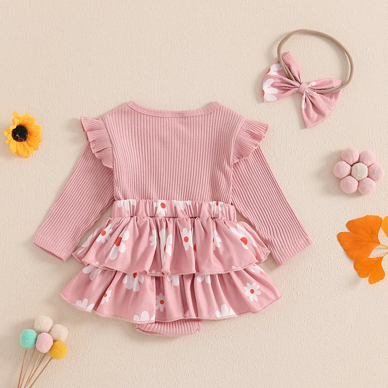 Conjunto de ropa para niña de 0 a 18 meses, pelele con estampado de flores y letras de manga larga, diadema con lazo, conjunto de ropa para niña pequeña