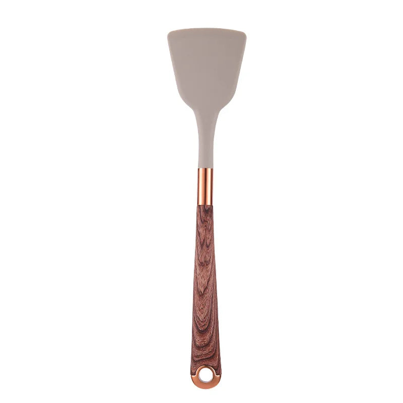 LMETJMA Juego de utensilios de cocina de silicona, 10 Uds., utensilio de cocina con soporte para utensilios, asas de patrón de madera, utensilios de cocina antiadherentes JT264