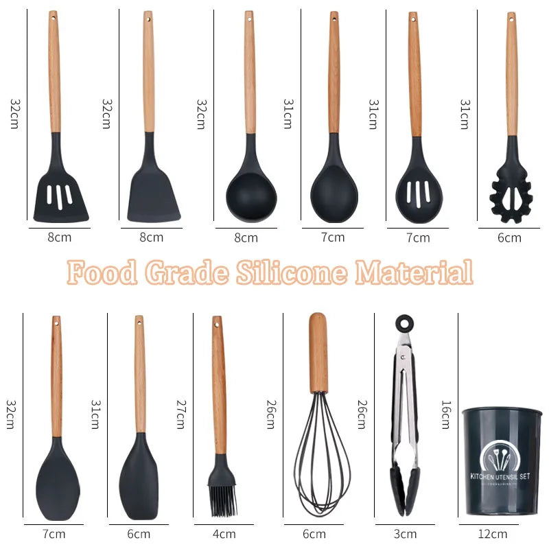 Juego de utensilios de cocina de silicona resistentes a altas temperaturas, pala con mango de madera, cuchara con fugas, herramienta, utensilio de cocina, accesorios para hornear