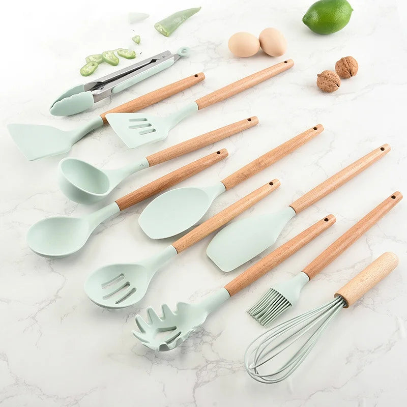Nuevo Juego de Utensilios de Cocina de Silicona con Mango de Madera 2026, 12 Piezas, Espátula y Cuchara Antiadherentes, Accesorios para Cocinar en el Hogar