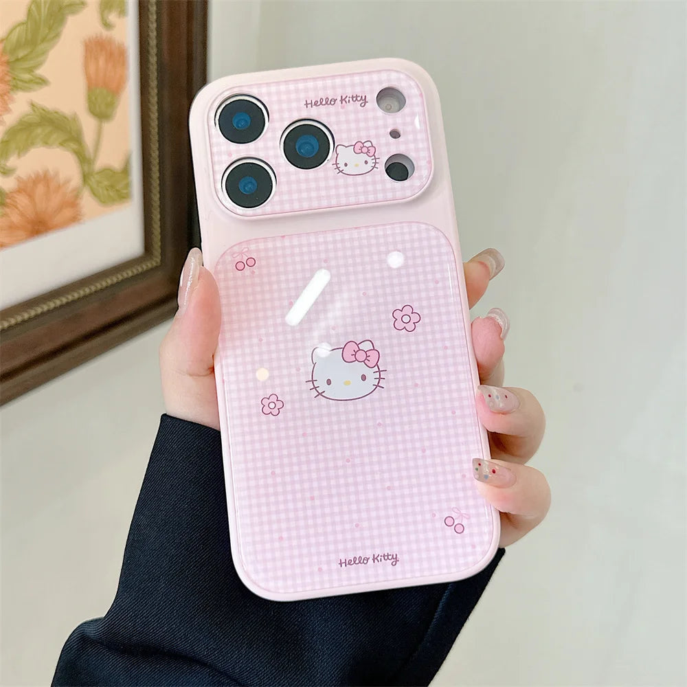 Funda Protectora Brillante con Diseño de Hello Kitty a Cuadros Rosados Estilo Coreano para iPhone 17, 16, 14, 13, 15 Pro, 17 Pro Max
