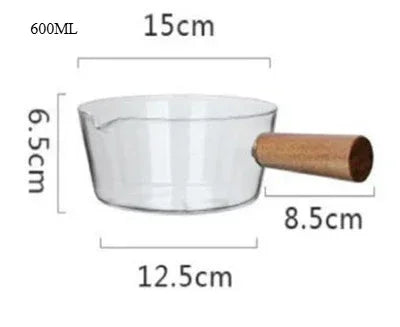Olla de leche práctica con mango de madera y vidrio de 400/600ml, sartén para sopa, olla con mango de madera y vidrio, ollas estables de un solo mango, herramientas para cocinar