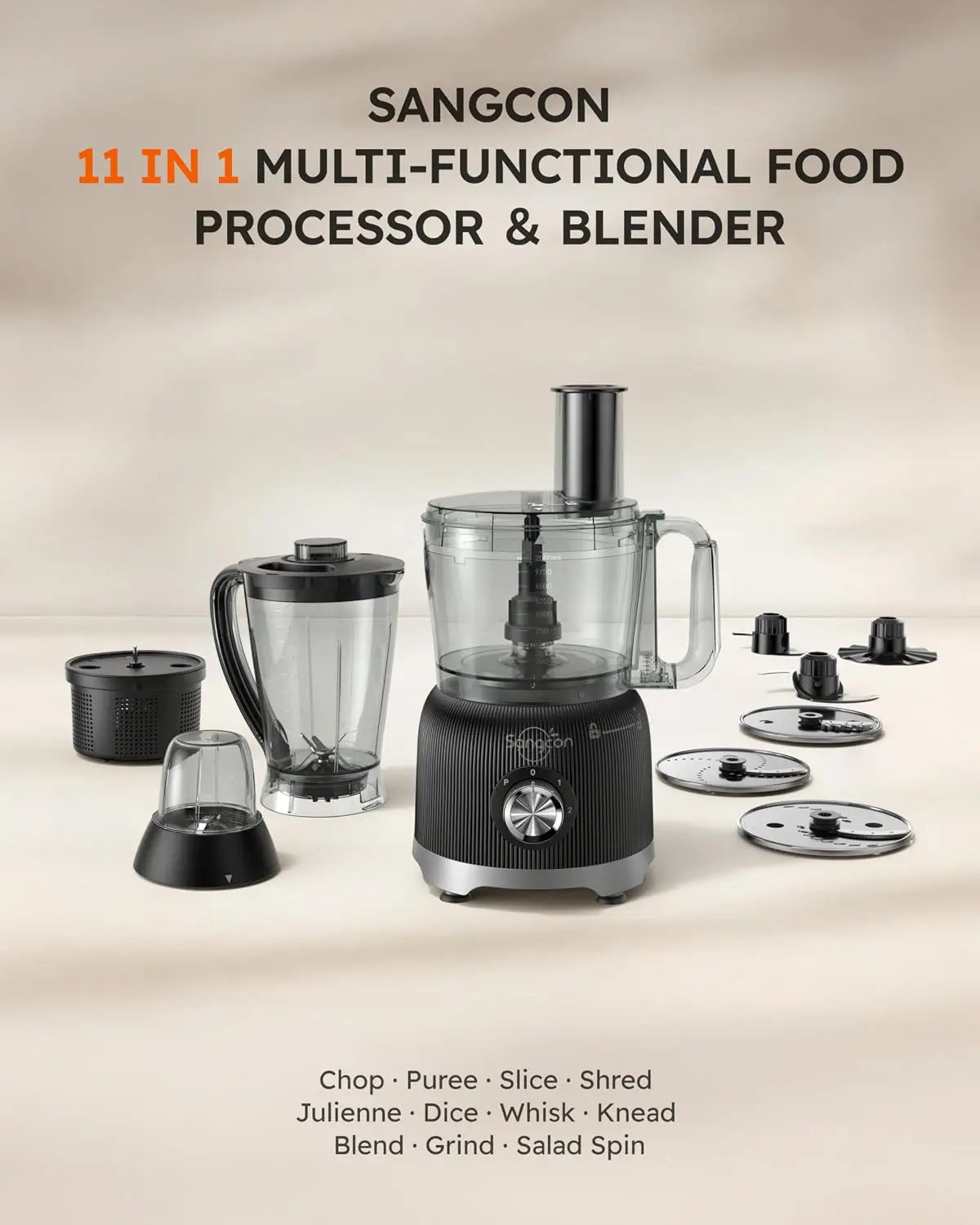 Licuadora y procesador de alimentos combinados para cocina, picadora de verduras de 600W con 2 recipientes de 8 tazas, picadora de alimentos 11 en 1