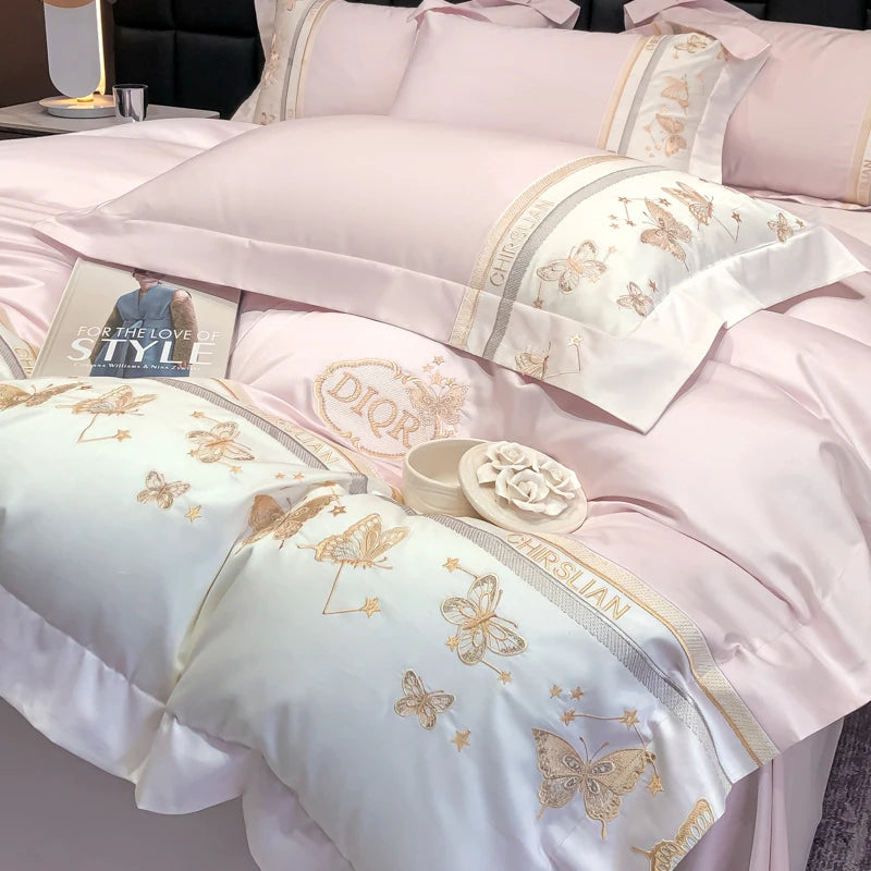 Juego de cama 100% de algodón, edredón bordado de mariposa dorada de lujo/funda nórdica, juegos de sábanas ajustadas, fundas de almohada, textiles para el hogar