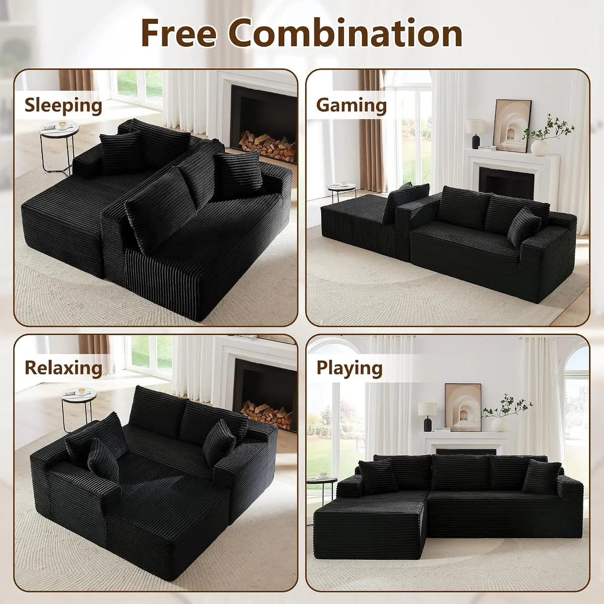 Sofá Modular de Corduroy Negro con Chaise Longue en Forma de L, Asiento Profundo con Espuma Comprimida, No Requiere Montaje, Personalizable
