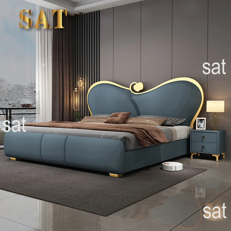 SAT. Cama Doble Moderna y Creativa de Lujo Ligero, Cama Suave, Estructura de Cama King Size y Queen Size, Juego de Muebles de Dormitorio de Alta Gama