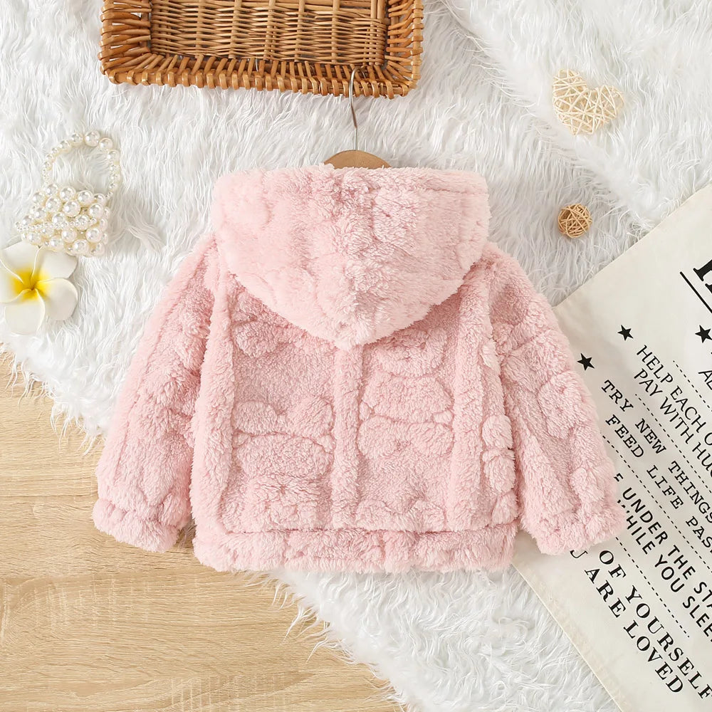 Chaqueta de lana rosa de princesa para niña con patrón de amor, abrigo cálido para niño pequeño, prendas de vestir con capucha, ropa de invierno para bebé
