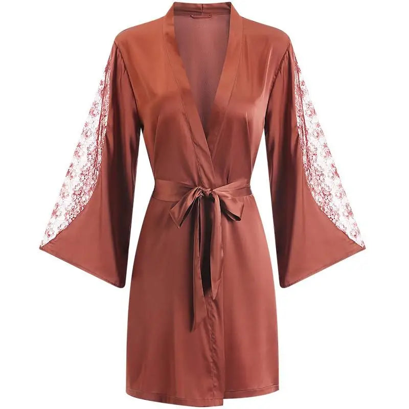 Sexy Intimate Lingerie Perspective Nightwear Lace Patchwork Home Wear Robe Suit Lady Kimono Gown Sleepwear Satin Nighty Bathrobe