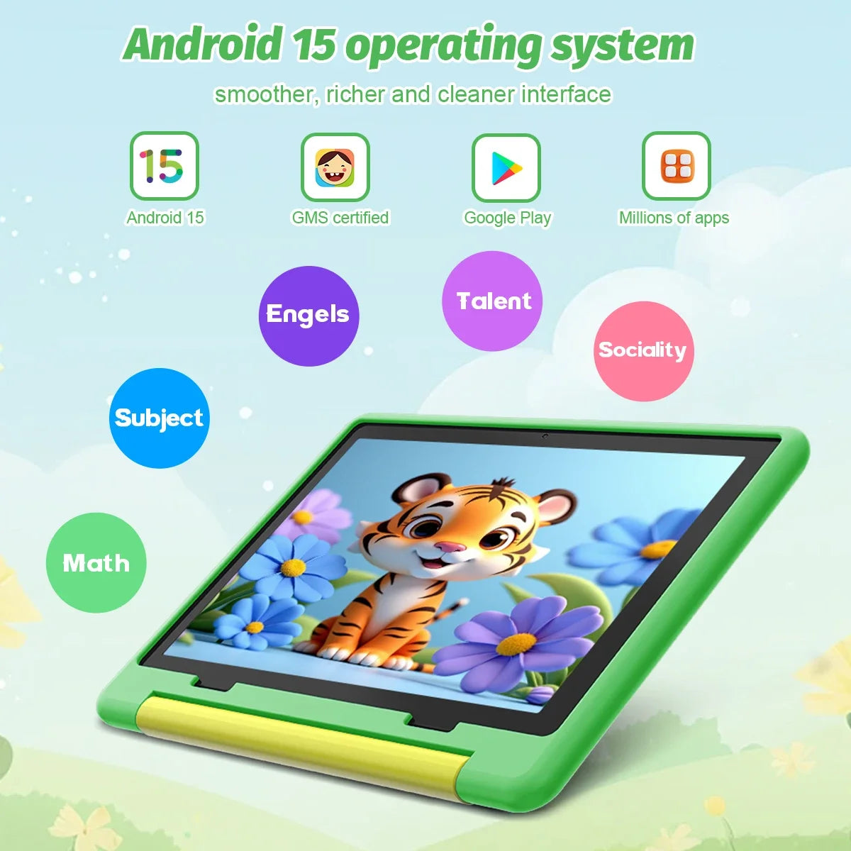 Tablet Infantil de 10 Pulgadas, Android 15, 20GB de RAM, 64GB de ROM, Expandible a 128GB, 5000mAh, 8 Núcleos, WiFi, Bluetooth, Regalo para Niños, Software KIDOZ