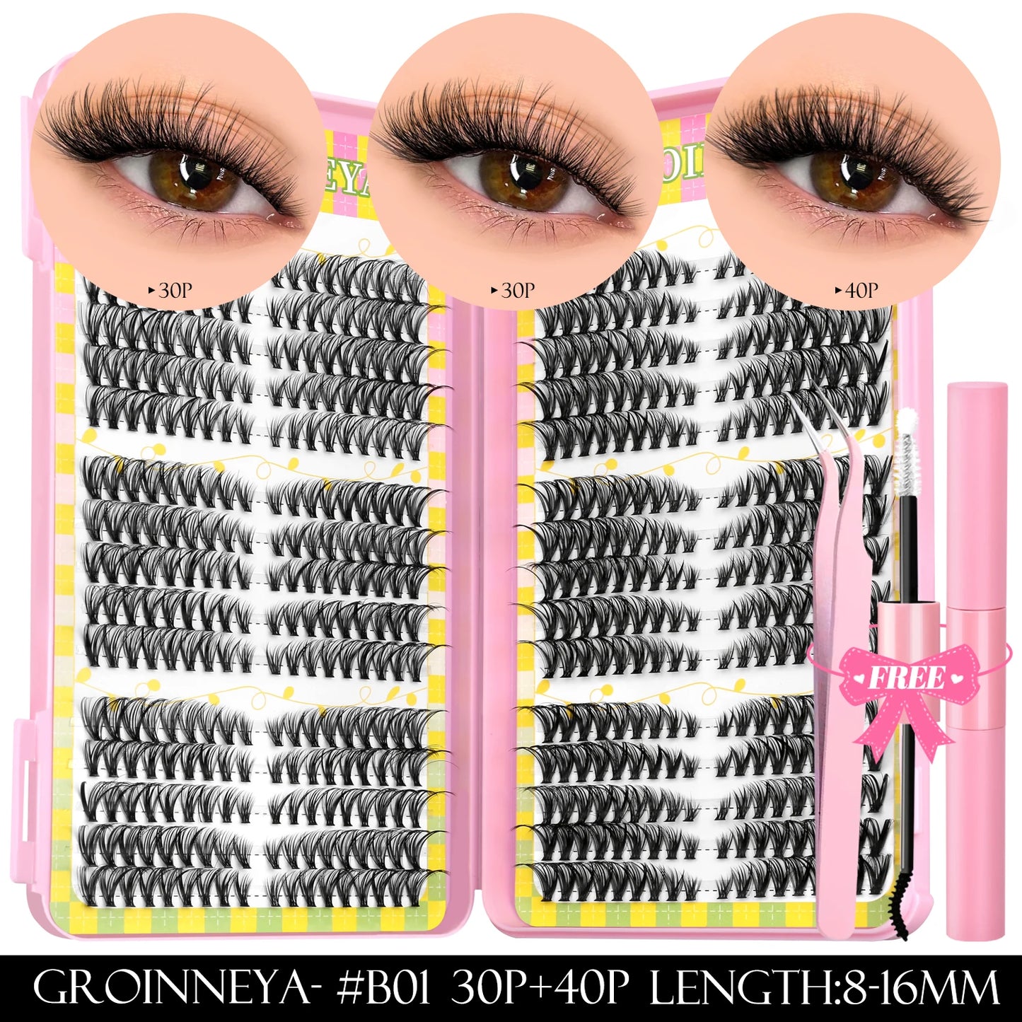 GROINNEYA Clusters de pestañas 540 Uds Kit de extensiones de pestañas de gato Kit de pestañas en racimo con Kit de maquillaje de pestañas Bond & Seal