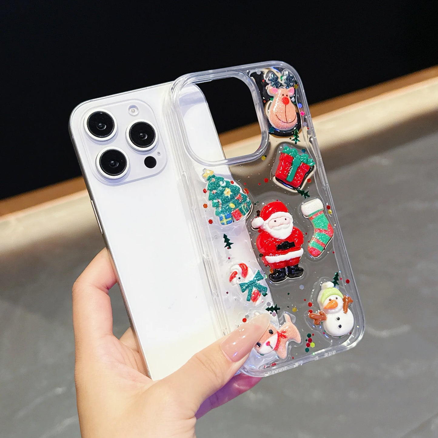 Funda de teléfono con purpurina y pegamento creativo de Papá Noel de Navidad con dibujos animados en 3D para iPhone 17 Air 16 15 14 13 Pro Max Plus