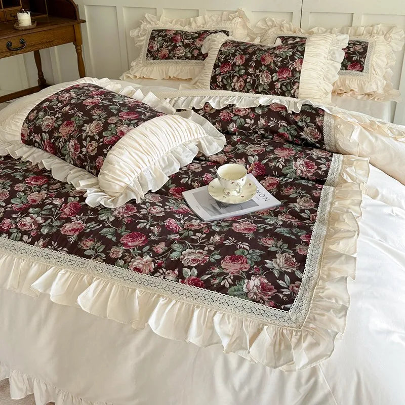 Juego de fundas de edredón con volantes, de 3 piezas ropa de cama, Floral, 100% algodón, blanco, 2 fundas de almohada, US/UK, Super King size