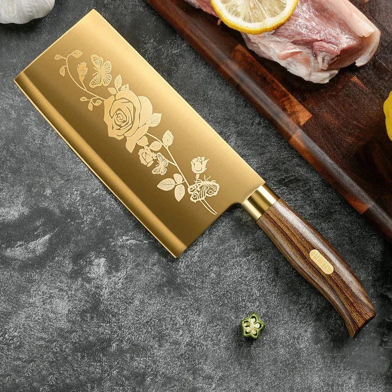 Juego de cuchillos de cocina de lujo dorados, ultra afilados, con hoja de acero inoxidable de primera calidad con revestimiento de titanio y mango de madera para cocinar, 4 piezas