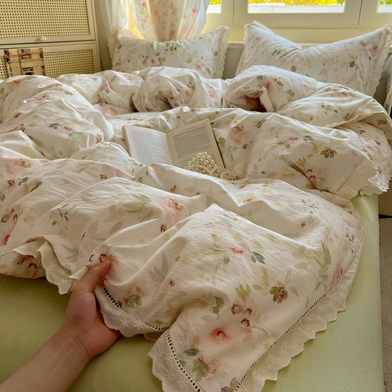 Juegos de funda nórdica de algodón lavado, juego de cama con estampado de flores individual/Queen/king, estilo princesa, funda de couette de 220x240 con encaje