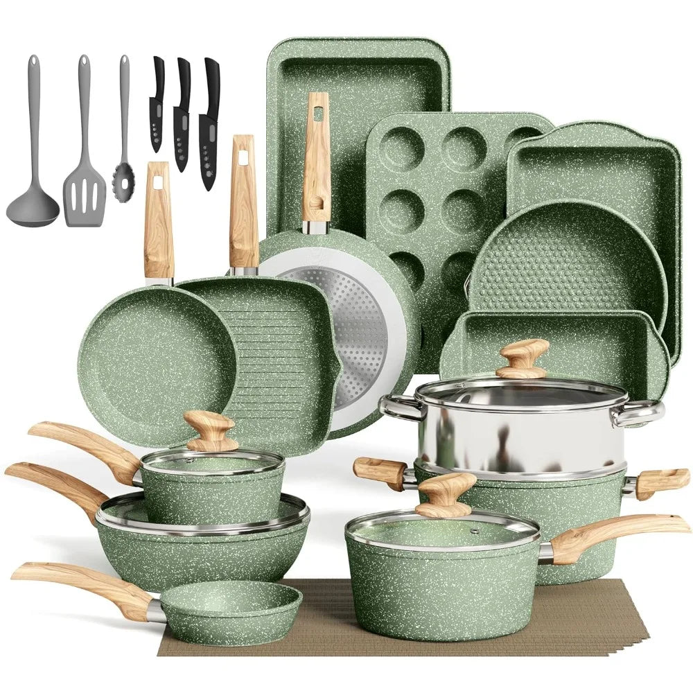 Juego de 30 Piezas de Ollas y Sartenes Antiadherentes con Revestimiento de Granito, Kit de Utensilios de Cocina y Repostería con Sartén, Cacerola y Bandeja para Hornear, Verde