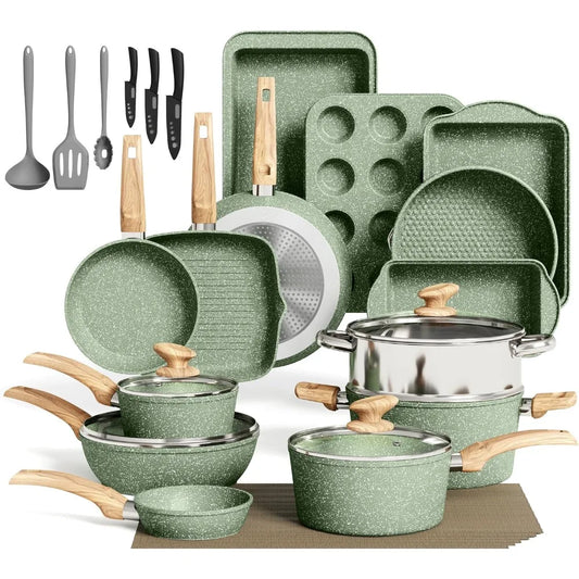 Juego de 30 Piezas de Ollas y Sartenes Antiadherentes con Revestimiento de Granito, Kit de Utensilios de Cocina y Repostería con Sartén, Cacerola y Bandeja para Hornear, Verde