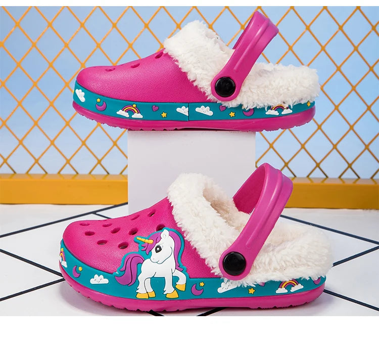 Sandalias de invierno para niños, zapatillas de piel para niños, zapatos para niñas, zuecos antideslizantes, sandalias bonitas de dibujos animados para niñas, zapatos para niños