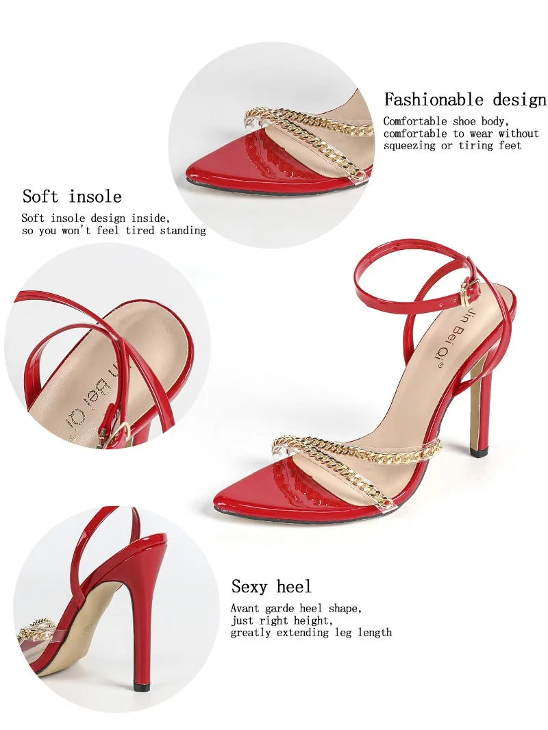 Sandalias de tacón alto para mujer, sandalias de tacón de aguja puntiagudas sexys, sandalias de moda con correa en el tobillo, sandalias con hebilla de una sola tira, sandalias de diseñador con cadena metálica